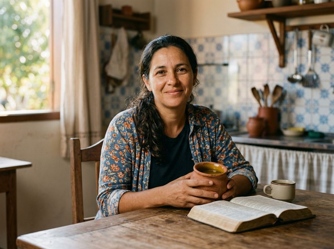 Mulher na mesa da cozinha segurando uma botija de barro com azeite